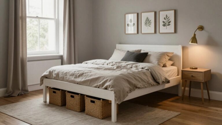 Light wooden low-profile bed frame with underbed drawers and rattan baskets, white linen bedding with gray throw, gray walls, botanical prints, table lamp, and window with curtains in a cozy bedroom.