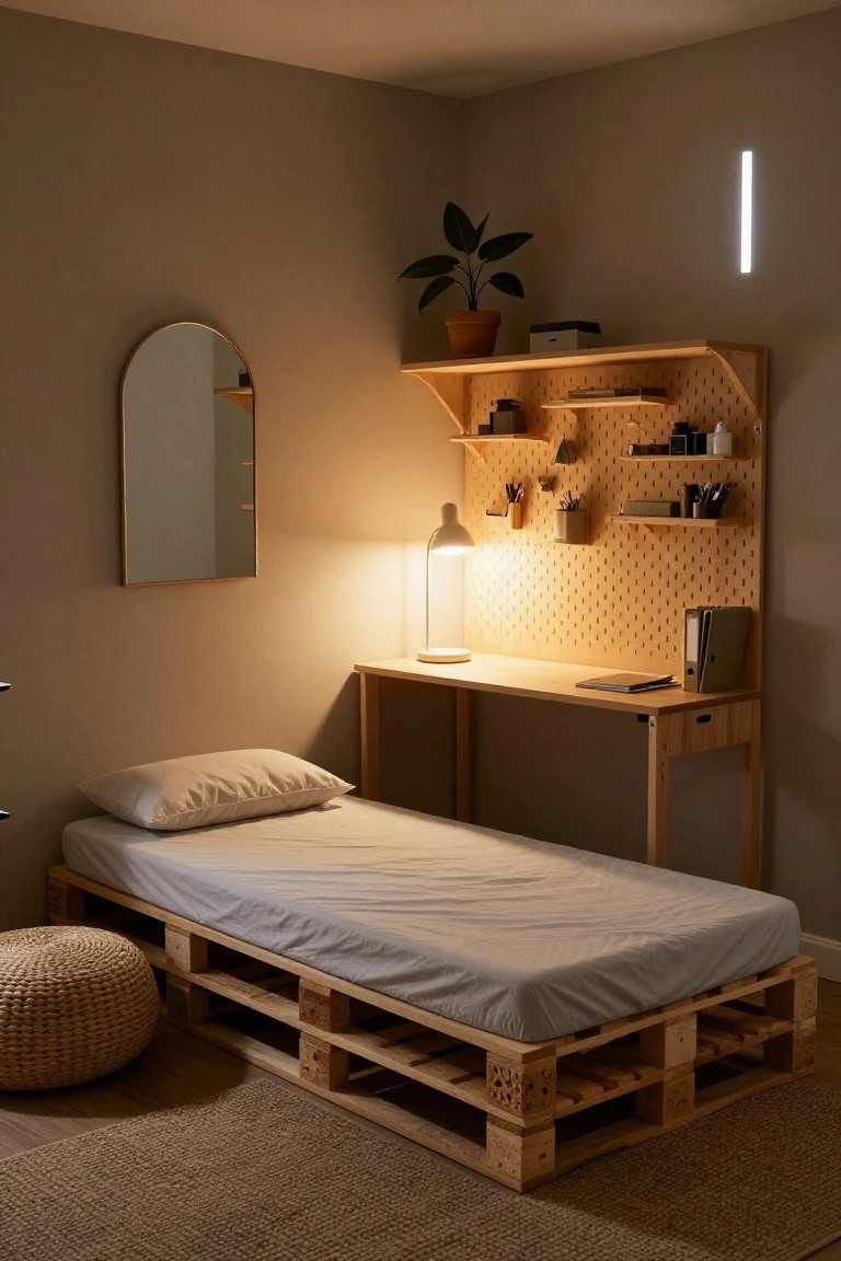 Small bedroom corner with low bed on wooden pallets, wooden desk with lamp and papers, pegboard wall shelves holding supplies and plant, gold arch mirror, rattan pouf, and seagrass rug.