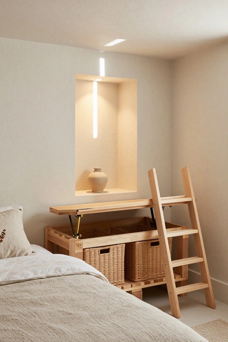 Bedroom corner with a raised wooden pallet bed frame featuring underbed storage crates with wicker baskets, a flip-up shelf, and an attached wooden ladder, beside a wall niche holding a beige vase and lit from above.