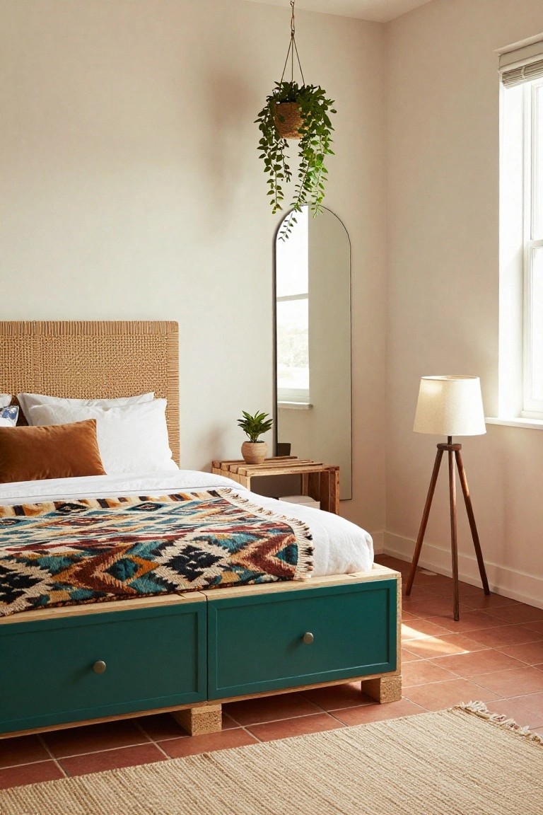 Bedroom corner showing a low wooden bed frame with green storage drawers, rattan headboard, colorful throw blanket, arched mirror, hanging plant, tripod lamp, and small potted plant on a wooden nightstand above terracotta tile floor.