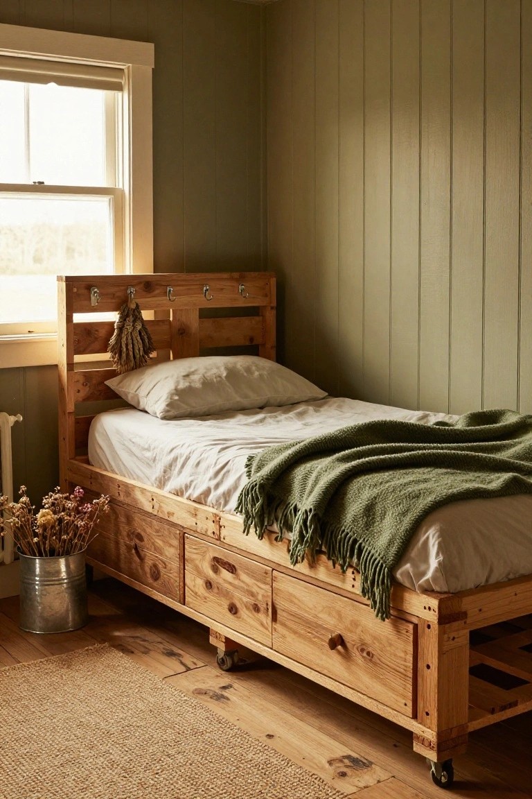 Wooden pallet bed frame with drawers, hooks on headboard, green blanket, and casters on hardwood floor in green paneled bedroom with window and dried flowers.