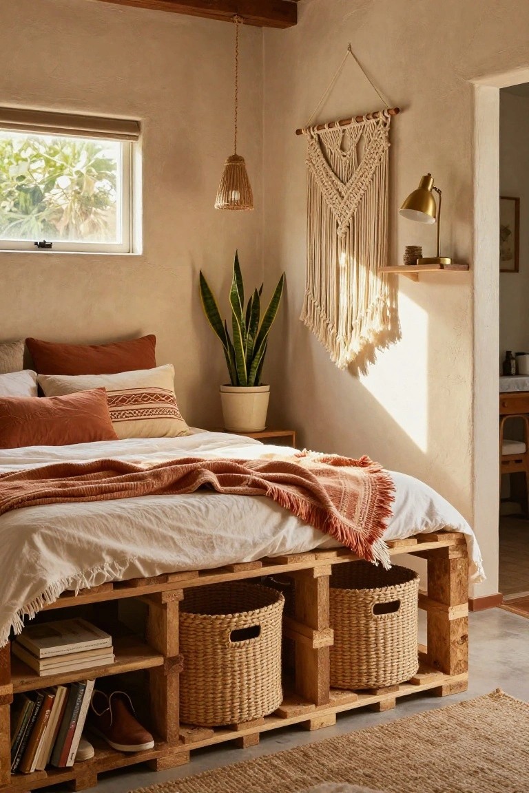 Bedroom with a wooden pallet bed frame featuring open shelves and wicker baskets underneath for storage, neutral linens on the bed, snake plant in corner, macrame wall hanging, and warm lighting.