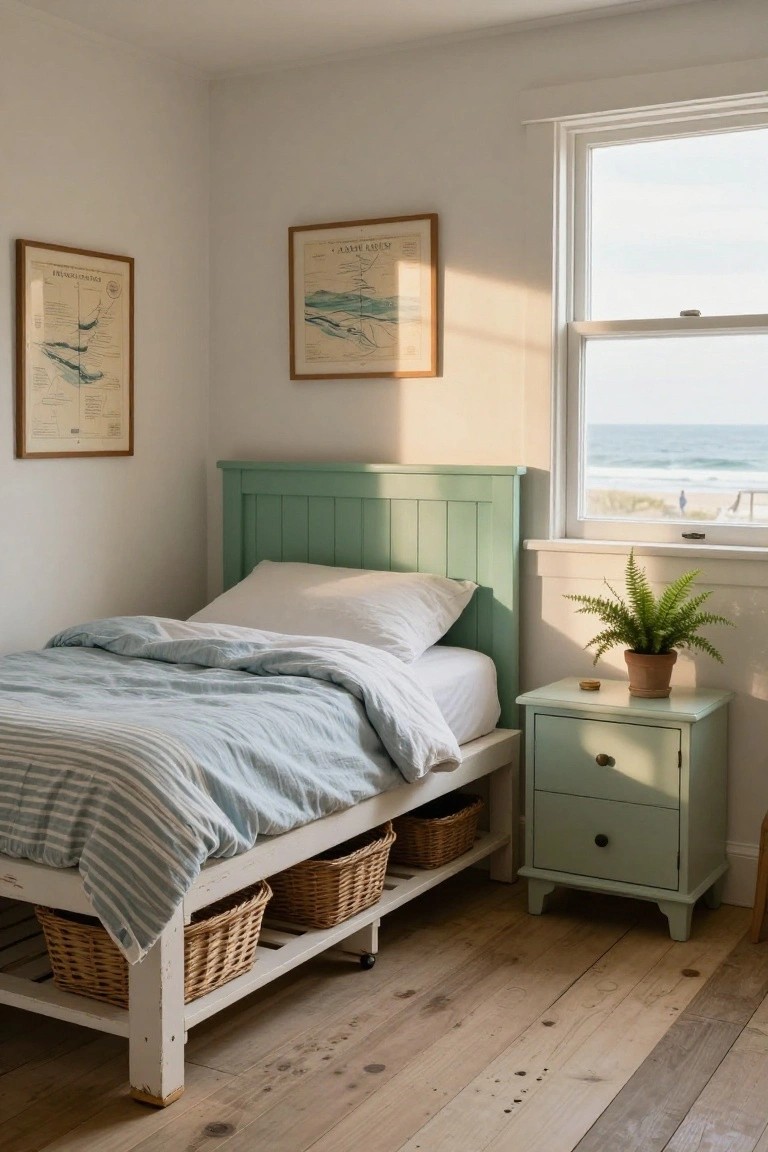 White wooden pallet bed frame with wicker basket storage underneath in a small bedroom with mint green headboard, blue striped bedding, nightstand with plant, and window overlooking beach.