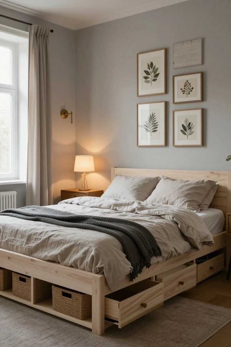 Light wooden low-profile bed frame with underbed drawers and rattan baskets, white linen bedding with gray throw, gray walls, botanical prints, table lamp, and window with curtains in a cozy bedroom.