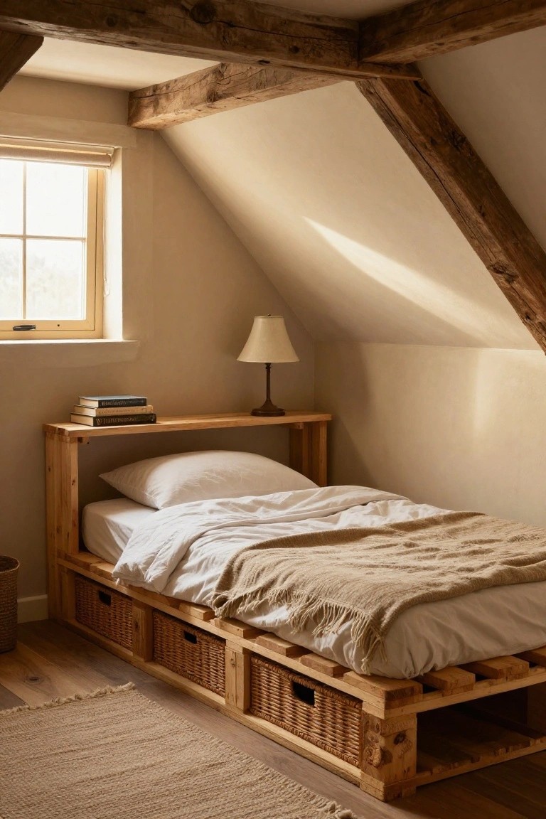 Wooden pallet bed frame with wicker baskets for storage underneath in a beige attic bedroom with sloped ceilings, exposed beams, a lamp on a wooden nightstand, and a woven rug on hardwood floors.