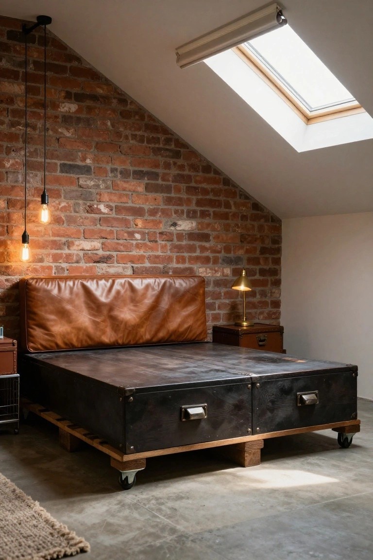 Loft bedroom with exposed brick walls, sloped ceiling, skylight, pendant lights, leather headboard, black wooden pallet-style bed frame with drawers on wheels, side tables, and concrete floor.