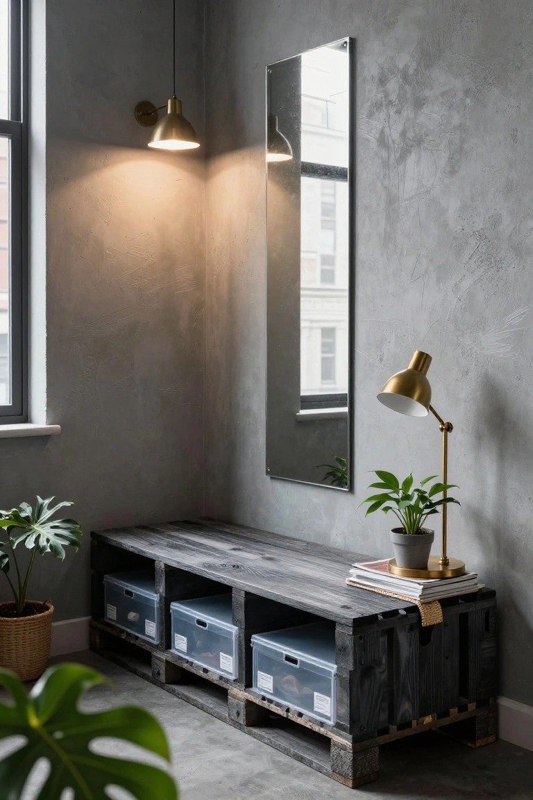 A wooden bench made from dark-stained pallets sits against a textured gray wall in a corner room, with blue plastic storage bins underneath, plants on either side, gold lamps, and a tall mirror nearby.