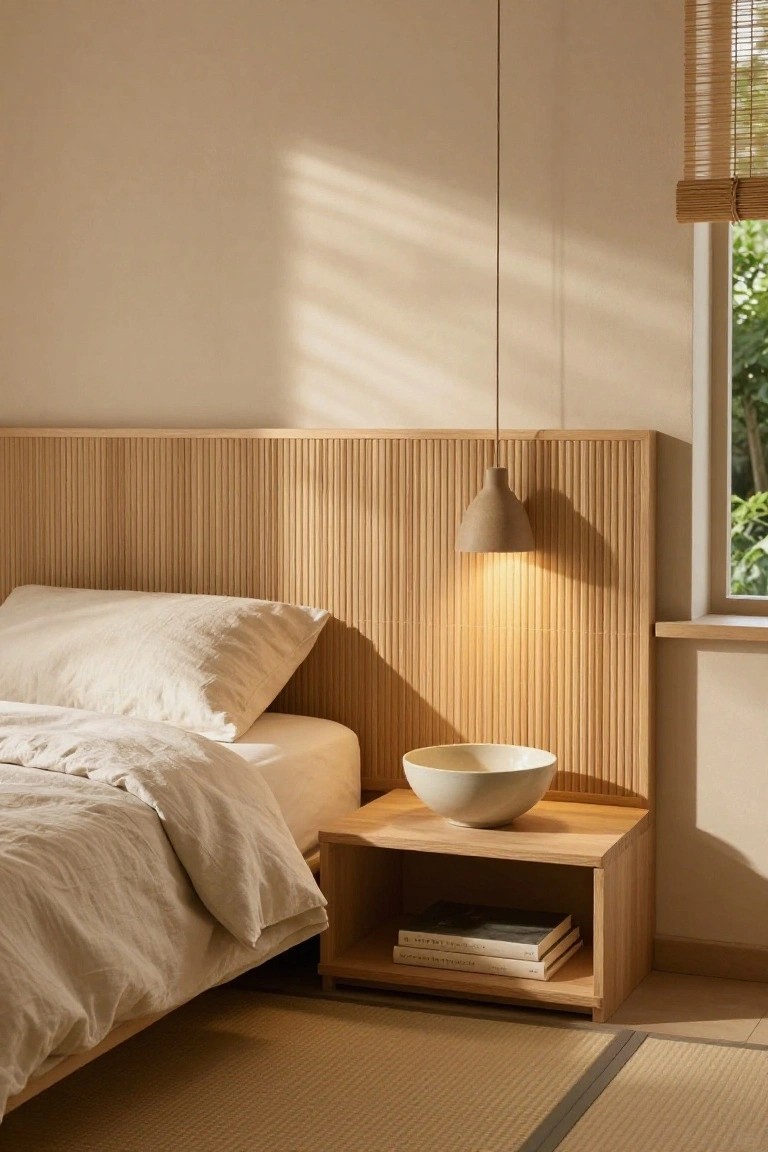 A minimalist bedroom with low platform bed against vertical slat wooden headboard, wooden nightstand with open shelf holding books and white bowl, beige pendant lamp, beige walls, bamboo blinds over window, and tatami floor mat.