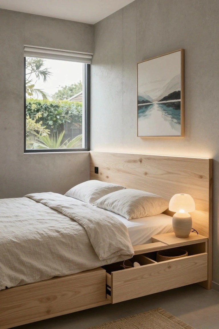 A bedroom with light gray concrete walls, a wooden platform bed with open under-bed storage drawers containing shoes and a basket, white linens, a ceramic lamp on a built-in nightstand, and a large window showing greenery outside.