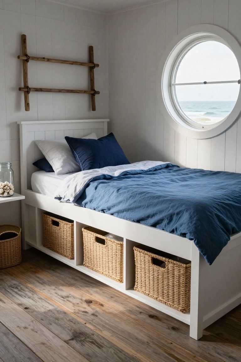 White wooden bed frame with built-in underbed cubbies holding wicker baskets, navy blue bedding, mason jar and shells on side table, round window showing ocean view, in white paneled room with wooden floor.
