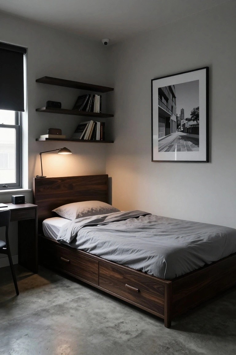 A small bedroom with a low wooden platform bed featuring two drawers, gray bedding, a nearby desk with chair, floating wooden shelves with books, a desk lamp, and concrete flooring.