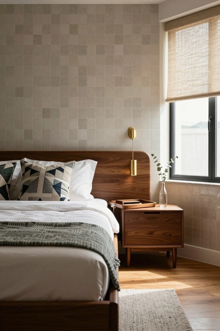 A bedroom corner showing a low wooden platform bed with white sheets, gray knit throw, and geometric pillows, next to a wooden nightstand with drawers, a gold wall sconce, eucalyptus sprig in glass vase, beside a window with bamboo roller shade and beige tiled walls.