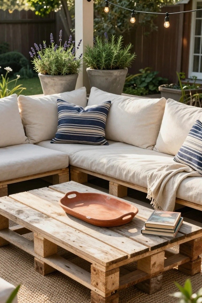 L-shaped outdoor sofa made from stacked wooden pallets with beige cushions and blue striped pillows, next to a low pallet coffee table with a terracotta tray and stacked books, potted lavender and rosemary plants, string lights overhead, and a beige rug on a patio.