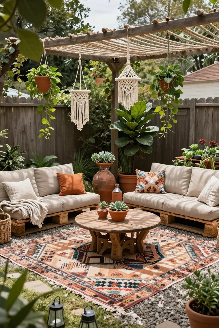 Outdoor patio lounge with two beige pallet sofas facing each other around a round wooden coffee table on a colorful patterned rug, under a wooden pergola with hanging plants and macrame, surrounded by potted greenery and a wooden fence.