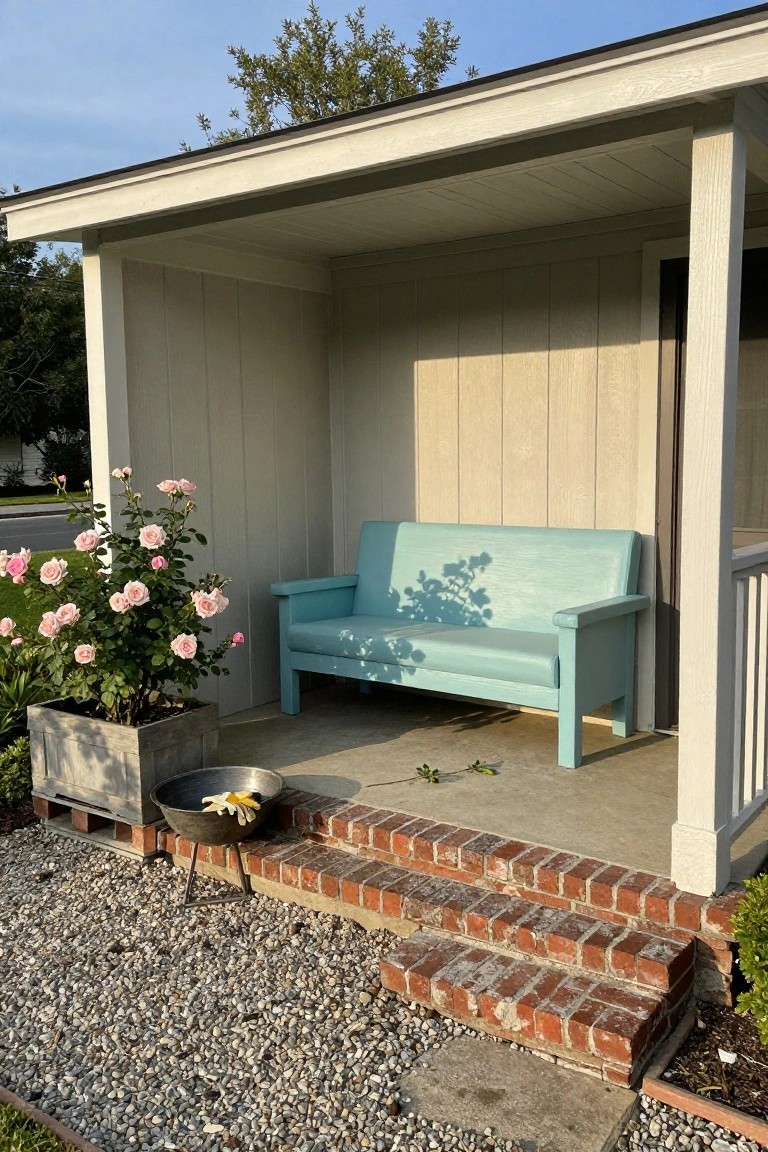 Covered wooden porch with a light blue painted bench, pink rose bush in a wooden planter nearby, metal tub holding yellow gloves on the concrete floor, brick steps, and gravel ground.