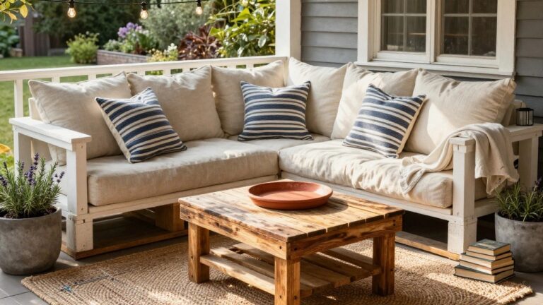L-shaped outdoor sofa made from stacked wooden pallets with beige cushions and blue striped pillows, next to a low pallet coffee table with a terracotta tray and stacked books, potted lavender and rosemary plants, string lights overhead, and a beige rug on a patio.