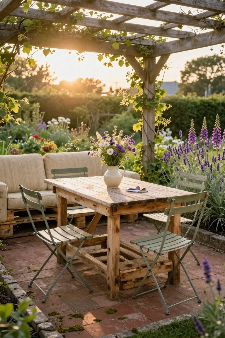 Vine-covered wooden pergola over a beige cushioned pallet sofa, wooden table with white vase of purple and white flowers, and green metal chairs on brick patio pavers amid garden plants and lavender.