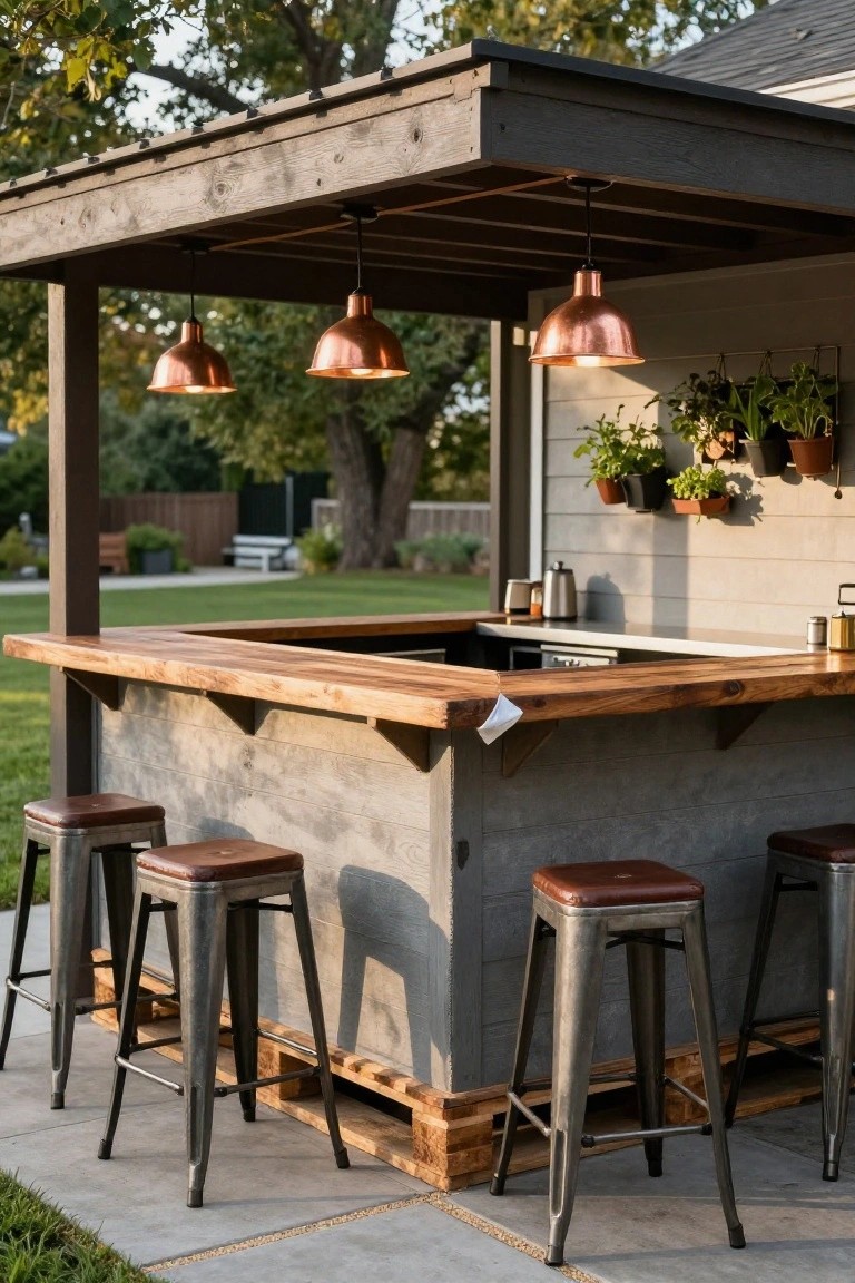 Outdoor wooden bar counter on gray shiplap pedestal base with visible wooden pallets underneath, four metal barstools with brown leather seats, four copper pendant lights hanging from wooden pergola roof, potted herbs on shiplap wall, grassy yard and trees in background.