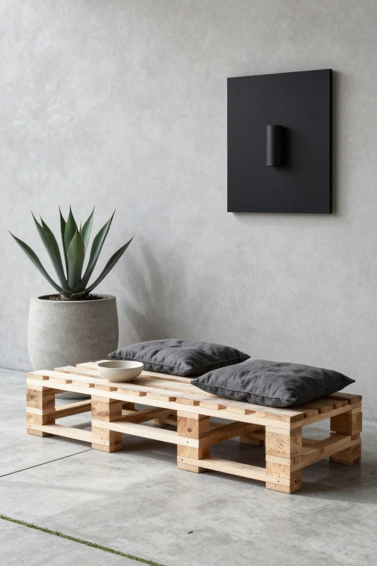 Wooden pallet bench topped with gray pillows and a white bowl, placed indoors next to a potted agave plant against a textured gray wall with black artwork and a wall light.