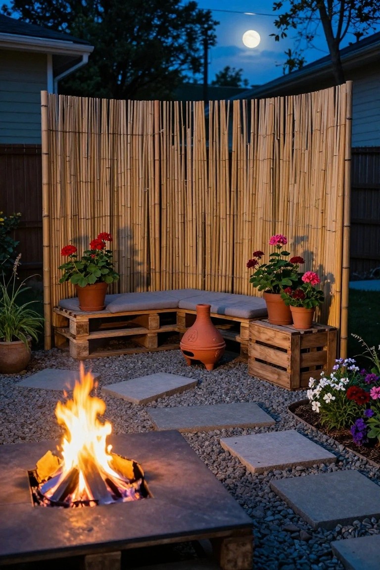 Backyard patio at night with L-shaped bench made from wooden pallets, central stone fire pit with flames, potted plants and flowers, terracotta pots, and tall bamboo privacy screen.