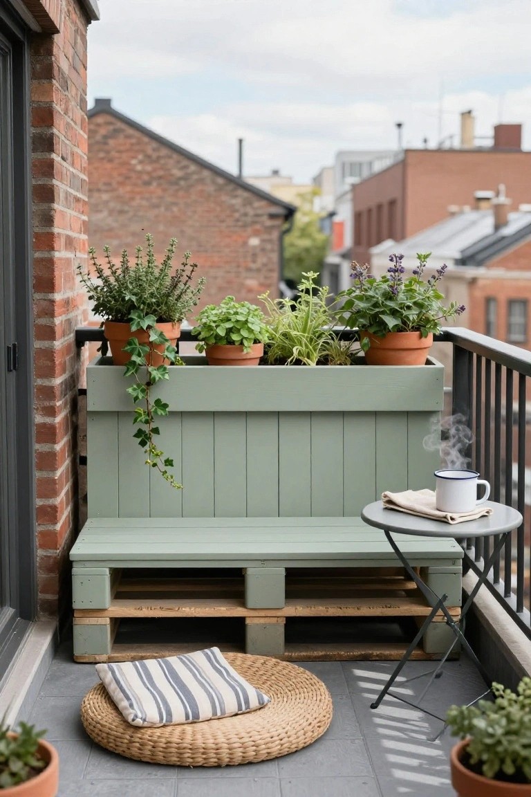 Green painted wooden pallet bench with integrated planter box full of herbs and ivy on a brick balcony railing, next to a small metal table holding a cup and a woven floor cushion nearby.