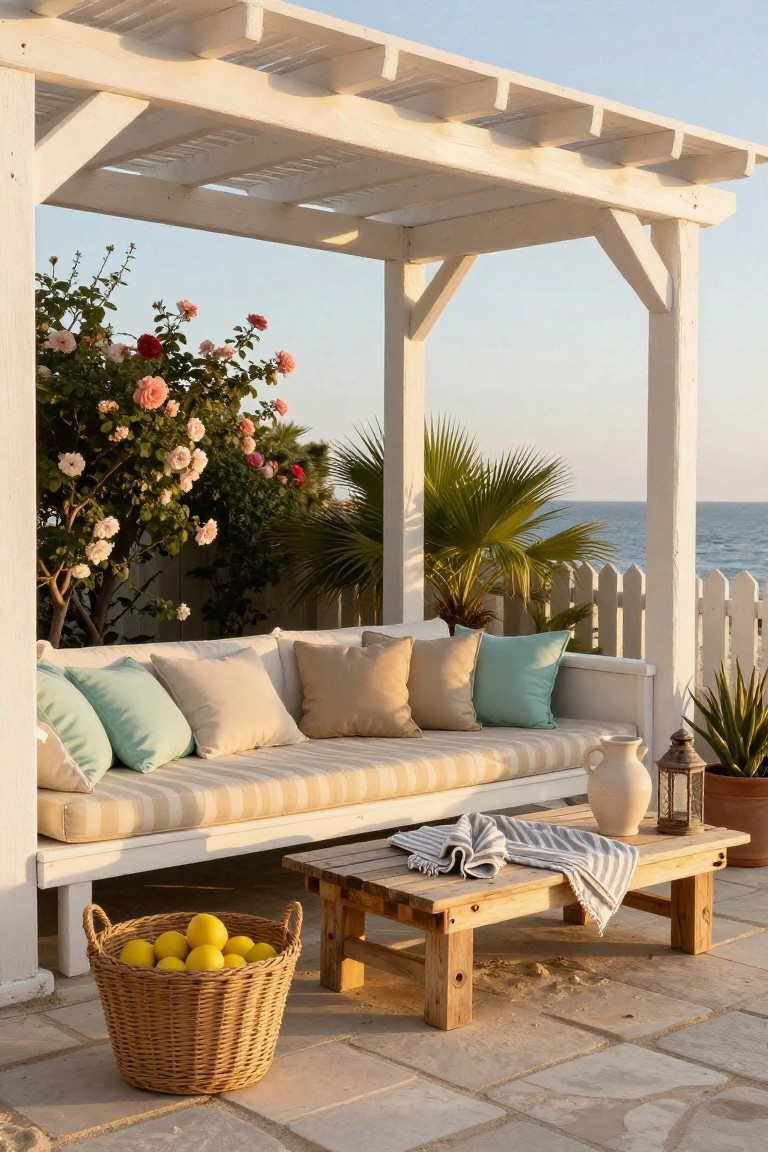 White pergola over a beige striped cushioned outdoor daybed and wooden pallet coffee table on a stone patio, with a wicker basket of lemons, potted plants, rose bushes, palm trees, white picket fence, and ocean in the background.