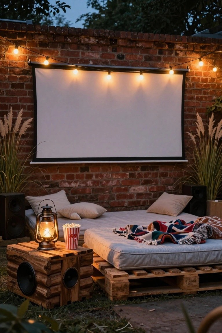 Backyard setup with projector screen on brick wall, pallet platform bed topped with mattress pillows and blankets, wooden speaker boxes, lantern with popcorn bucket, and string lights overhead.