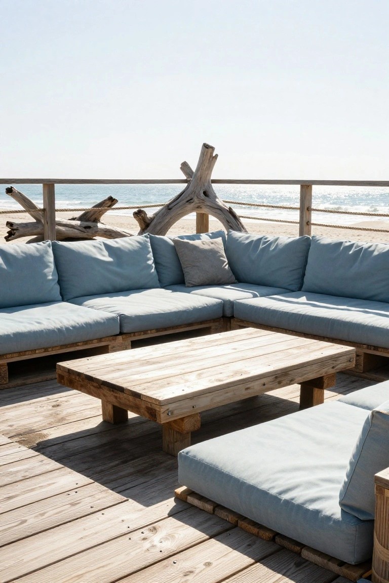 Wooden pallet L-shaped sofa with blue cushions and gray pillows on a deck, low wooden coffee table in front, driftwood railing and ocean view in background