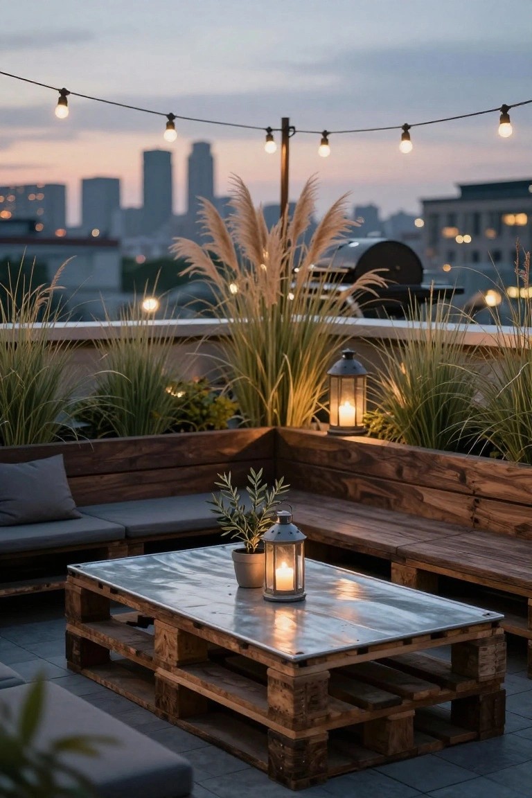Rooftop terrace featuring a wooden pallet-built L-shaped sofa with gray cushions, a pallet coffee table topped with metal and a lantern, potted plants, string lights overhead, and distant city buildings at dusk.