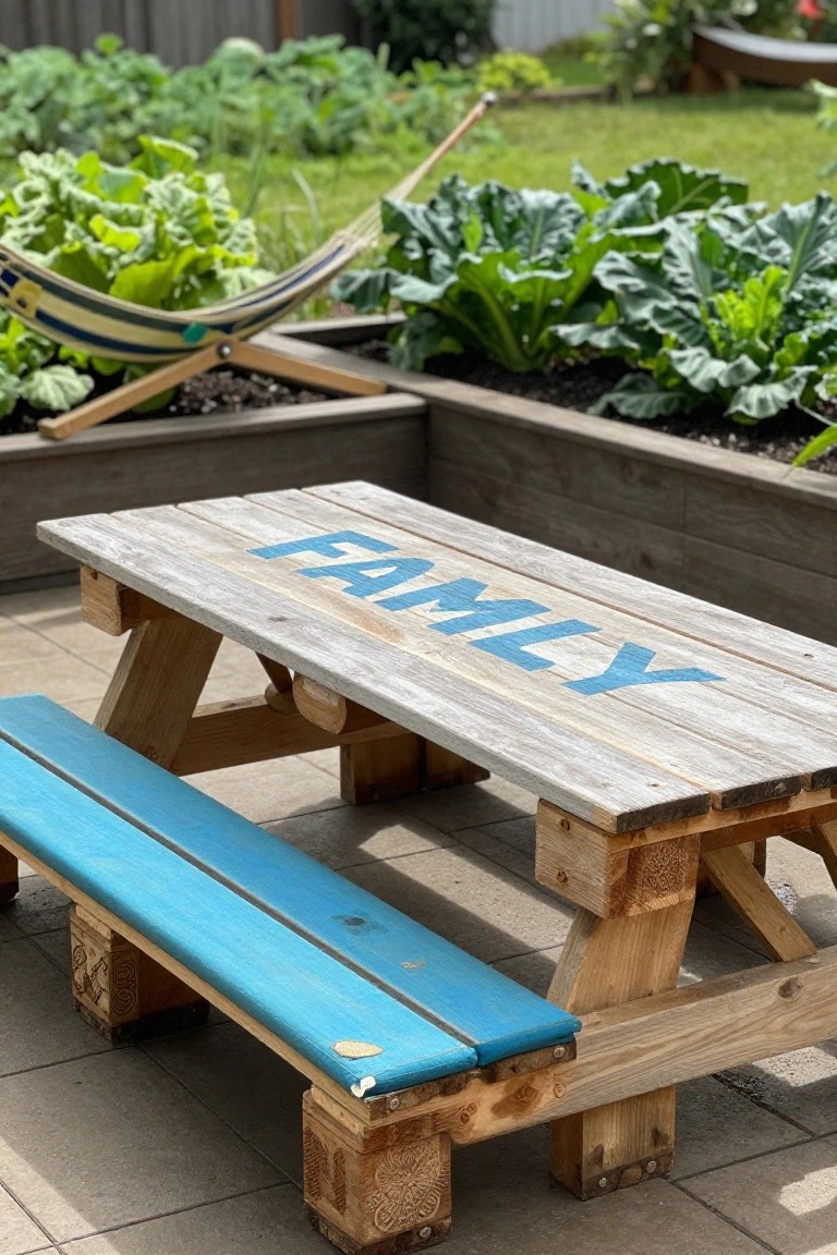 Weathered wooden picnic table with blue "FAMILY" letters painted on the top surface, blue benches, and carved wooden legs, positioned on a concrete patio beside raised garden beds and a hammock in a backyard.