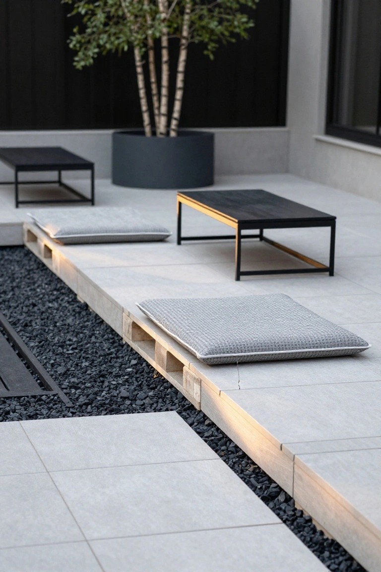 Outdoor terrace with wooden pallet platforms topped by gray cushions, low black metal tables, a potted birch tree in a gray pot, gravel border, and light gray concrete tiles next to a modern wall and window.