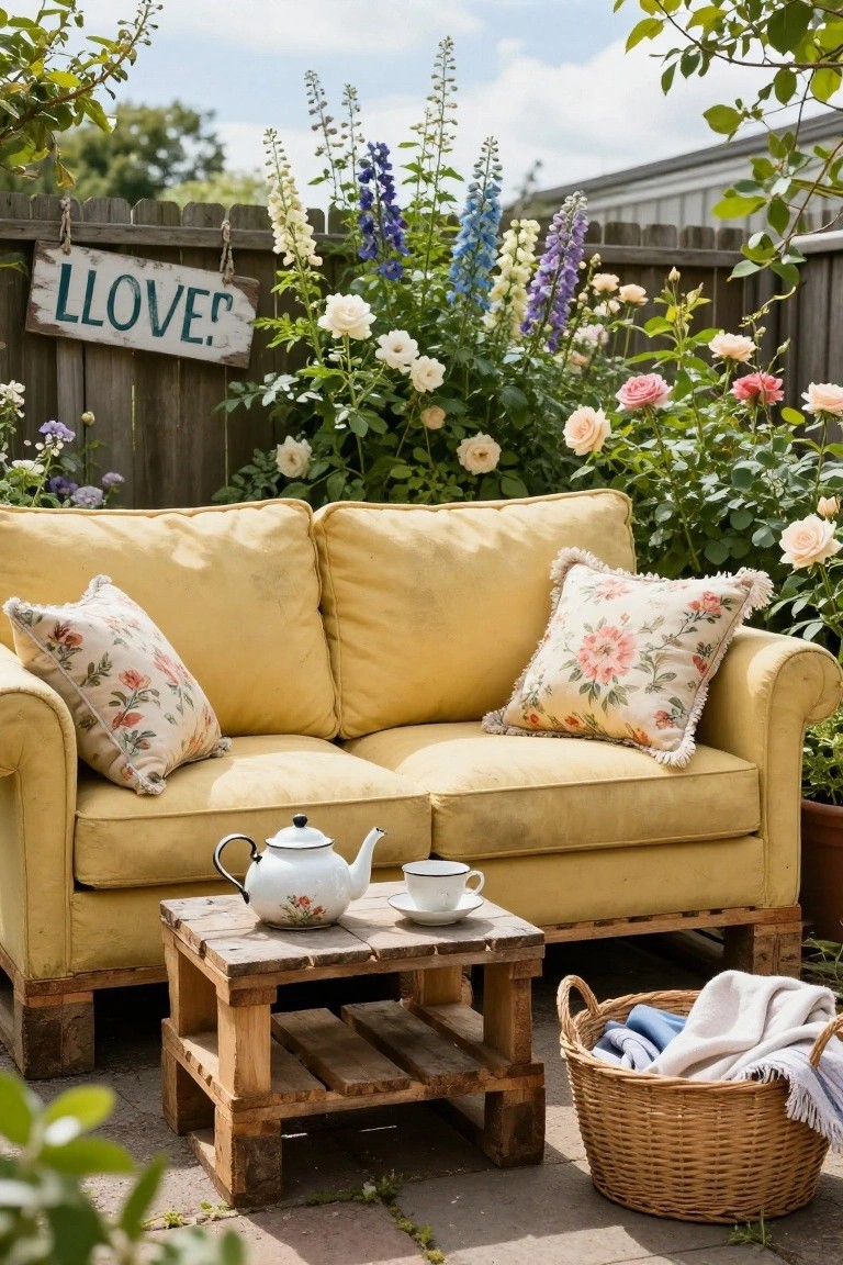 A yellow two-seat sofa with pallet legs and floral pillows sits outdoors on a patio next to a low wooden pallet table holding a white teapot and cup, surrounded by flowers and a fence with a "LOVE?" sign.