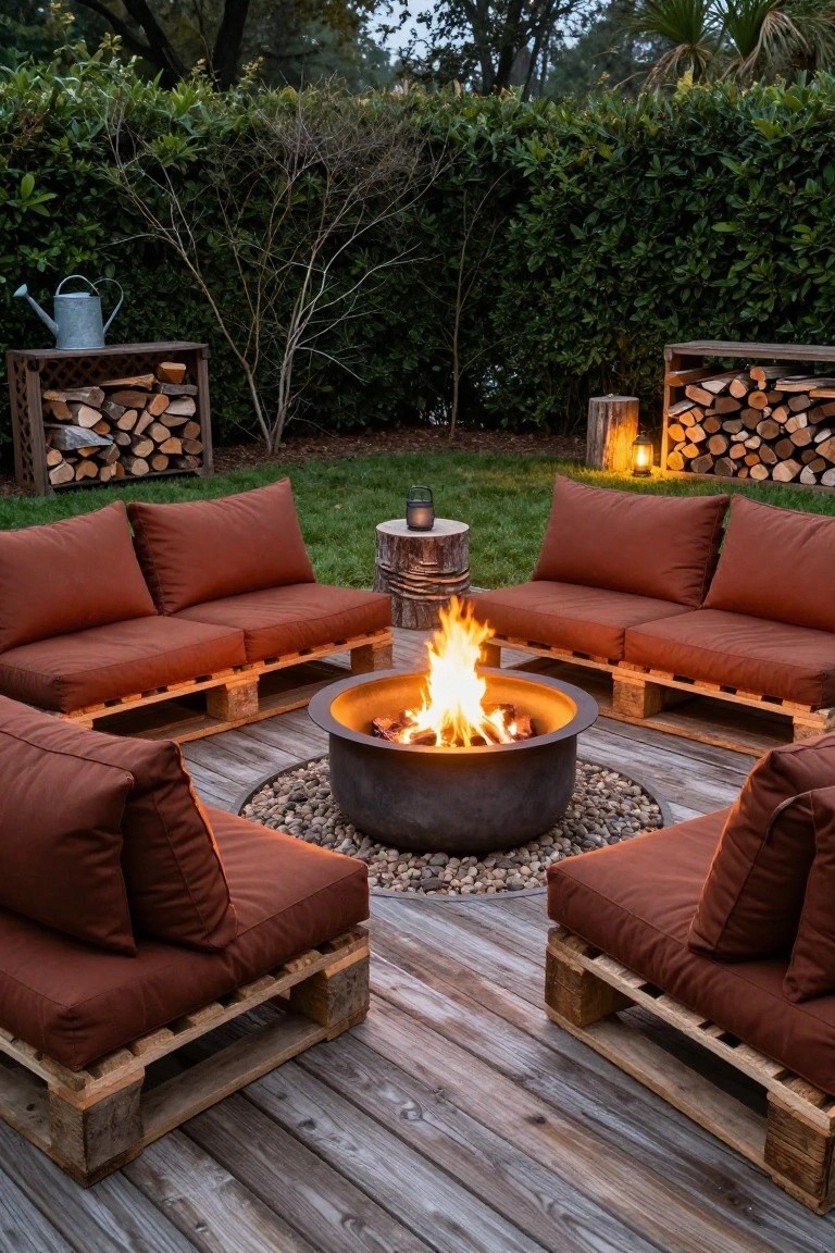 Rust-colored cushions on wooden pallet sofas arranged in a circle around a central metal fire pit on a wooden deck surrounded by greenery and firewood stacks.
