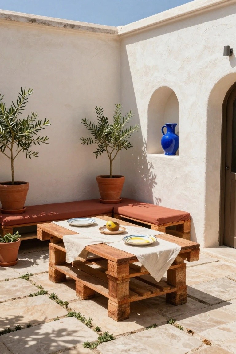 Outdoor terrace with wooden pallet table covered by white cloth and plates, flanked by terracotta benches, potted olive trees, and a blue vase in a wall niche against white stucco walls and stone pavers.