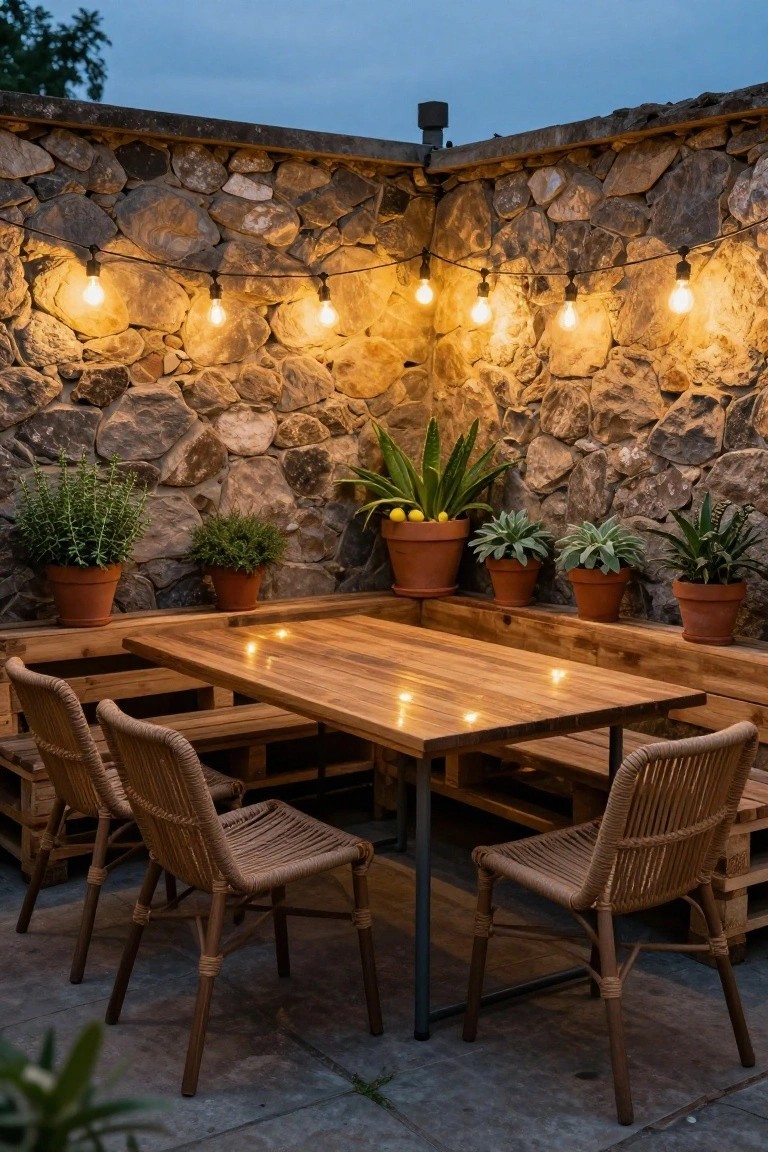 Outdoor corner patio featuring a rectangular wooden table and benches built from pallet planks against a stone wall, surrounded by potted plants and string lights overhead, with rattan chairs at the table.