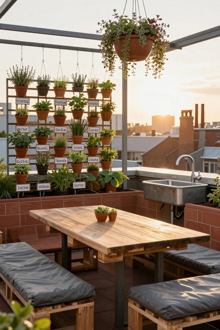 Rooftop terrace with wooden pallet table and cushioned benches, herb-filled wall planters with labels, hanging pots, and a metal sink against a brick wall, city buildings in sunset background.