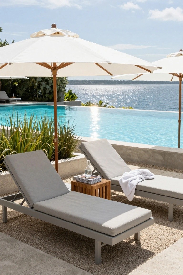 Two gray adjustable lounge chairs with cushions and towels, positioned next to a turquoise infinity edge pool with a wooden side table between them holding magazines and a water glass, white umbrellas, tropical plants, and ocean view in the background.