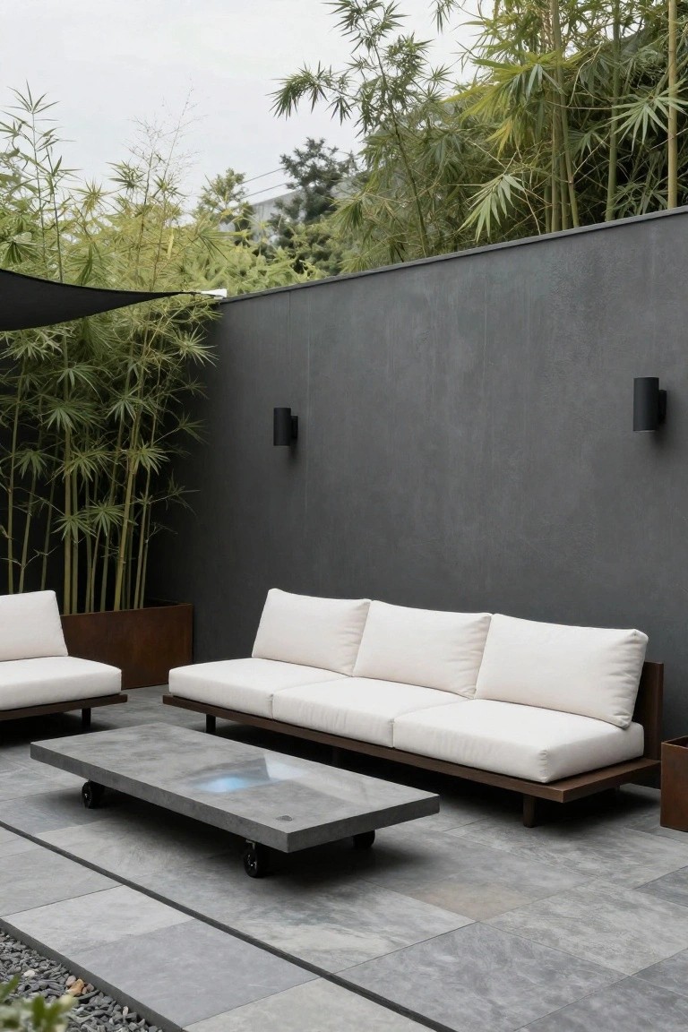Modern outdoor patio with low white fabric sofa, rectangular gray concrete coffee table on wheels, tall bamboo plants in metal planter against dark textured wall, black cylindrical wall lights, and gray tile flooring.