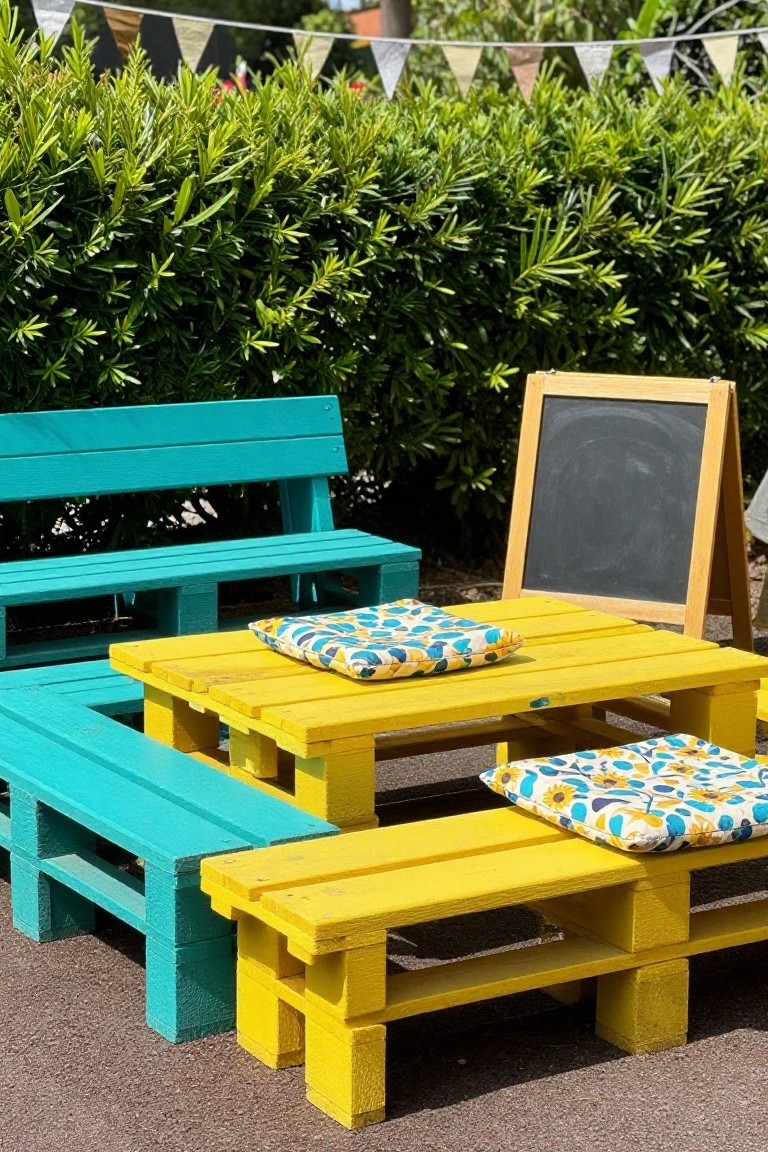 Outdoor patio with turquoise and yellow wooden pallet benches and table topped with patterned cushions, a chalkboard easel, bunting flags overhead, and dense green hedge in the background.