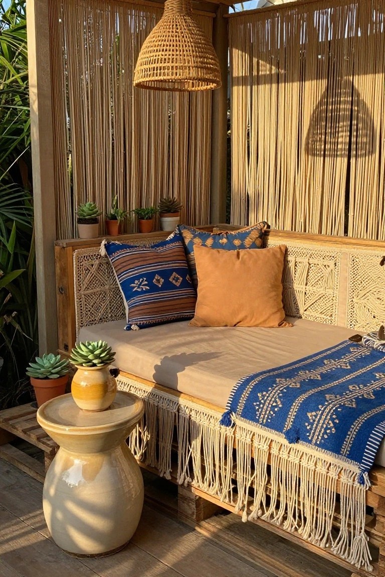 Wooden pallet daybed on a patio with beige cushions, blue and patterned pillows, macrame fringe blanket, potted plants, side table, and enclosing bamboo and rope screens under a hanging rattan lantern.