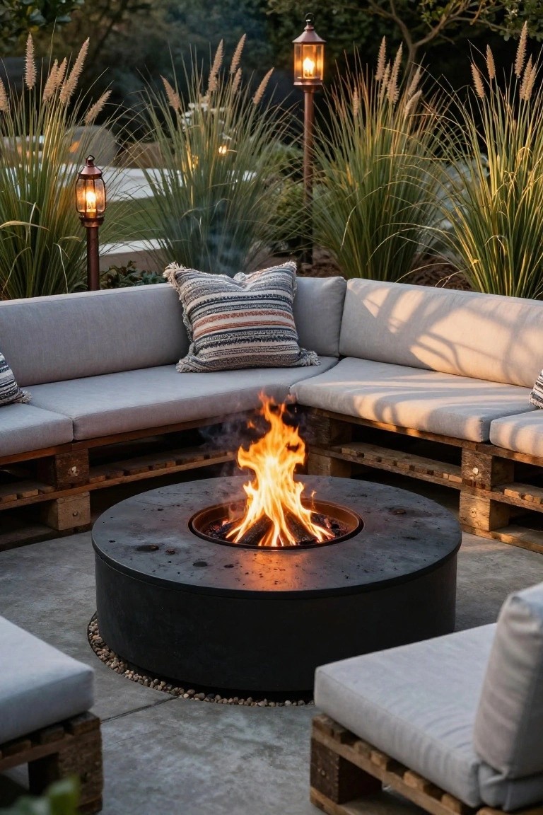 Outdoor patio with L-shaped seating made from wooden pallets topped with gray cushions surrounding a round black concrete fire pit with flames, set against pampas grass and copper lanterns.