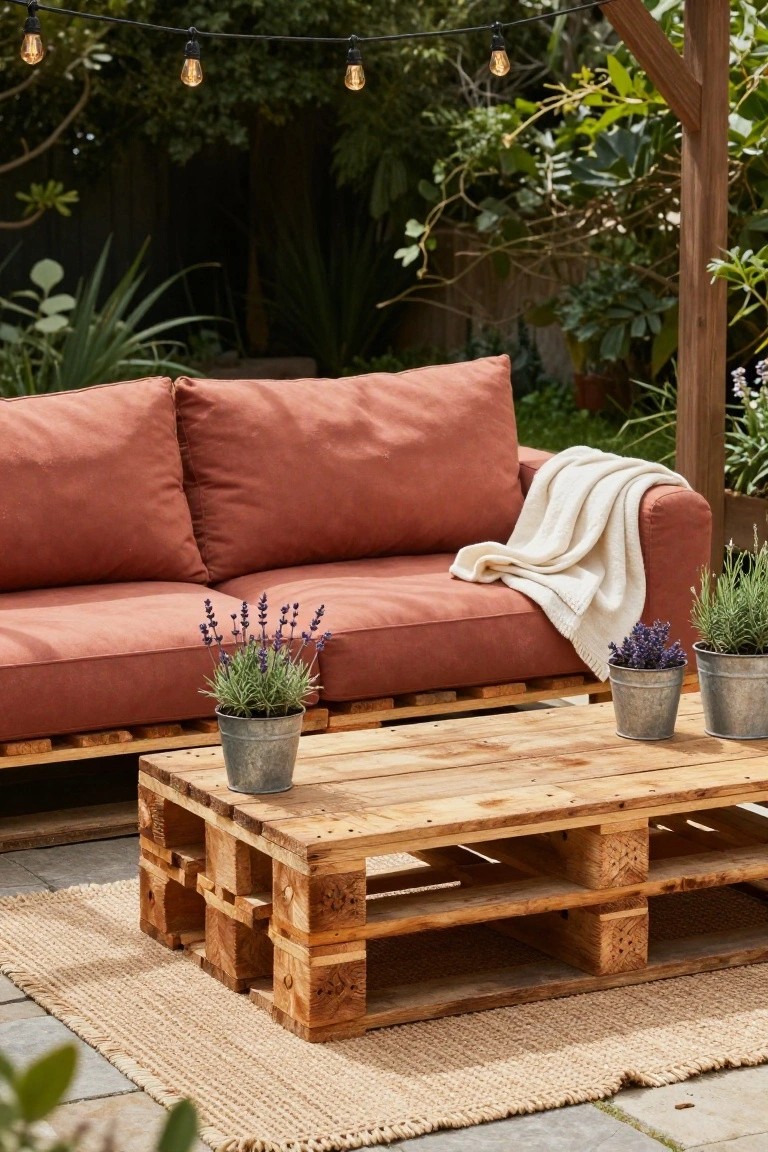 Rust-colored outdoor sofa built on pallets with throw blanket, wooden pallet coffee table holding galvanized bucket planters of lavender, string lights overhead, greenery and plants around a patio area.