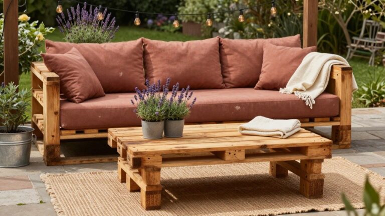 21 Cozy Pallet Patio Furniture Ideas For A Relaxed Weekend Vibe Rust-colored outdoor sofa built on pallets with throw blanket, wooden pallet coffee table holding galvanized bucket planters of lavender, string lights overhead, greenery and plants around a patio area.