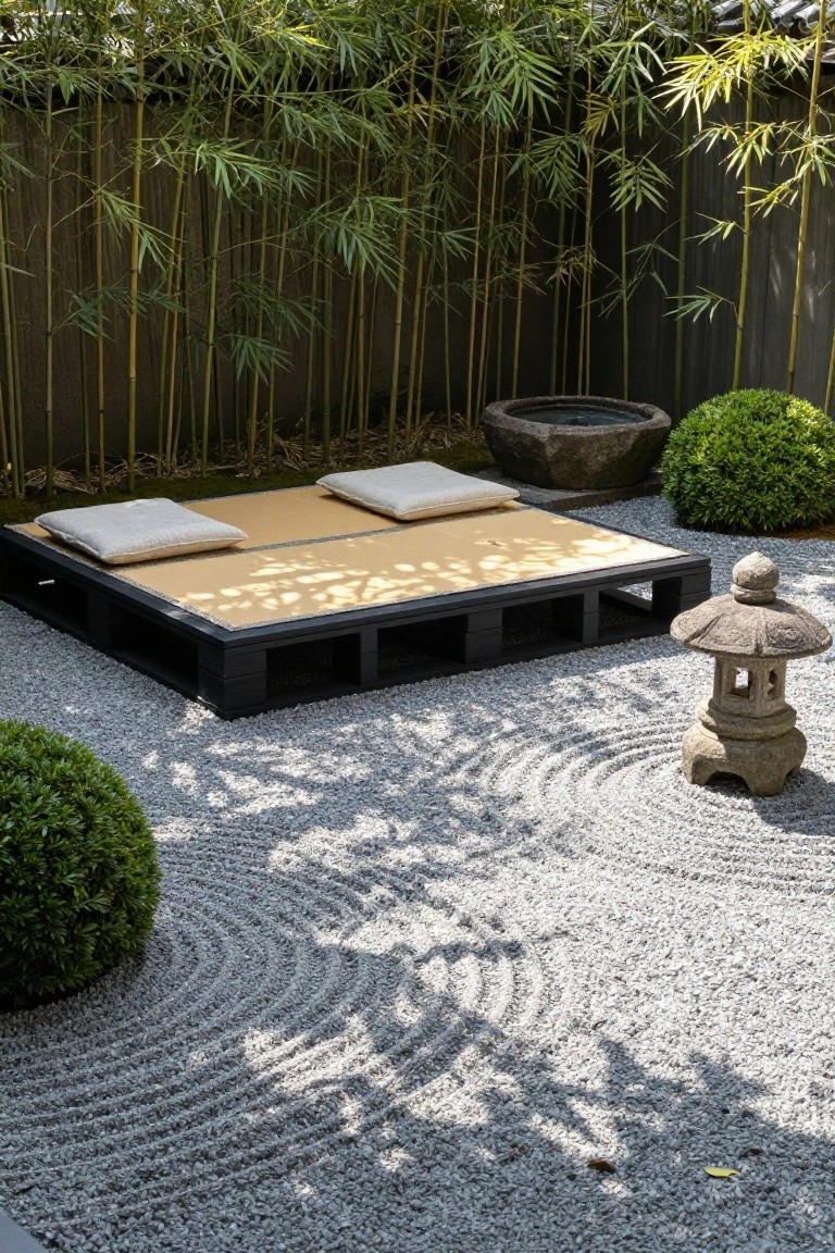 A low black pallet platform bed topped with beige tatami mat and white cushions in a zen gravel garden featuring raked pebble patterns, stone lantern, boxwood shrubs, bamboo fence, and stone water basin.