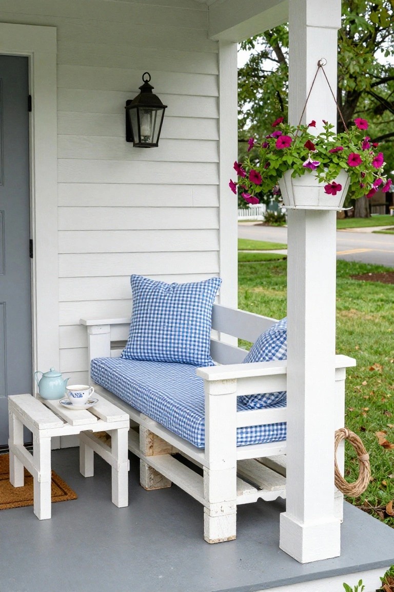 White wooden pallet bench with blue checkered cushions and pillows on a covered porch, small pallet side table with teapot and cups, hanging pink petunias, wall lantern, and gray door nearby.