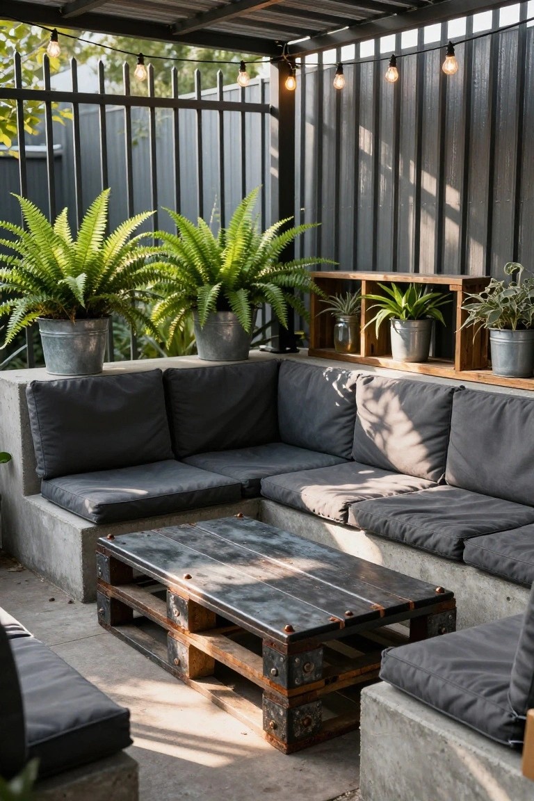 Outdoor patio with L-shaped concrete benches topped with gray cushions, a wooden pallet coffee table reinforced with metal, potted ferns in galvanized buckets and wooden shelves, string lights under a corrugated metal roof, and black metal fence backdrop.