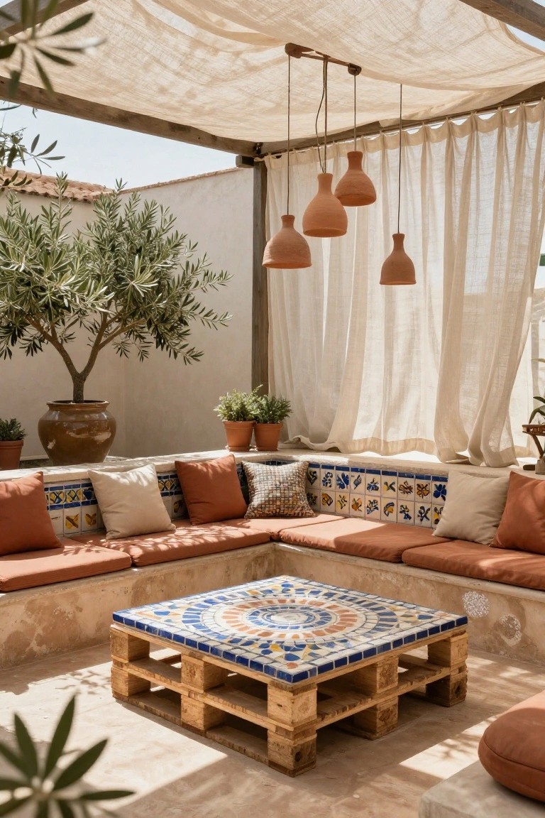 Outdoor patio with corner bench seating in terracotta cushions, wooden pallet coffee table topped with blue orange and white mosaic tiles, large olive tree in terracotta pot, hanging terracotta lamps, potted plants, and beige fabric canopy with white curtains against white walls.