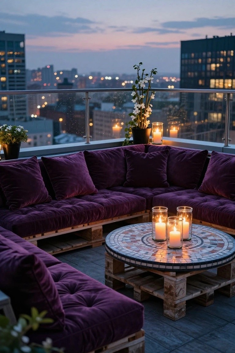 Rooftop balcony featuring L-shaped purple velvet sofa built on wooden pallets, round mosaic table with glass candles, potted plants, and glass railing overlooking city skyline at dusk.
