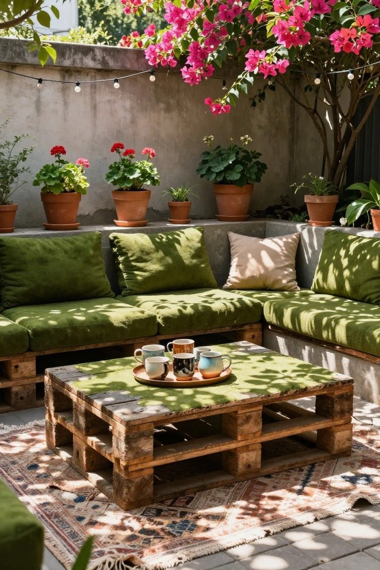 Outdoor patio corner with L-shaped green-cushioned pallet sofa, wooden pallet coffee table topped with artificial turf and saucers of cups, potted plants, and pink bougainvillea vines against a concrete wall.