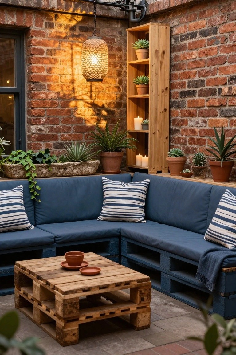 Outdoor patio corner with navy L-shaped sofa made from pallets, wooden pallet coffee table topped with terracotta pots, potted succulents and ivy in stone trough, wooden shelf with candles and plants, hanging lantern, against brick wall and stone floor.